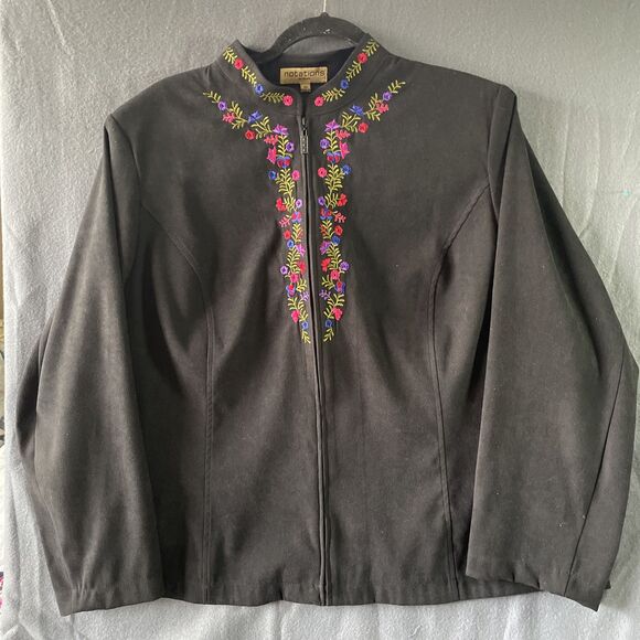 Notations Jacket Sz 3X Floral Embroidered black Pink Ultrasuede Zip Velvet - Picture 1 of 6